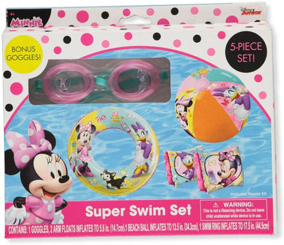 Disney Jr. Minnie - 5 Piece Swim Set, Included: Goggles, Swim Ring, Beach Ball & Arm Floats