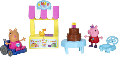 Peppa Pig Perfect Birthday Party Playtime Set – Features 2 Character Toy Figures, Incl. Mandy Mouse with Wheelchair, 1 Birthday Surprise Stand, 1 Chocolate Cake Table, and 1 Chair – Toys for Kids