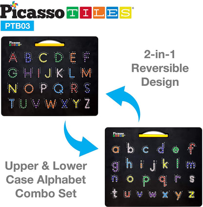 PicassoTiles 2-in-1 Double Sided Magnetic Alphabet Board ABC A-Z Upper Case, Lowercase Letter Playboard Magnet Table