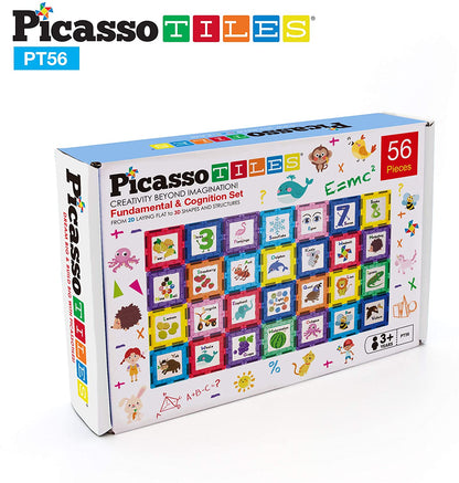 PicassoTiles 56 Piece Magnetic Building Blocks with 28pc Tiles and 28pc Educational Click-in Inserts Magnet Construction Toy Set STEM