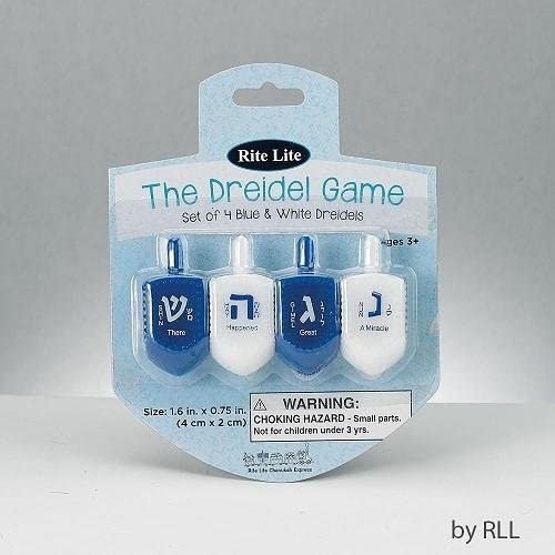 Plastic Dreidels Silk Screened with Blue and White Letters - Set of 4