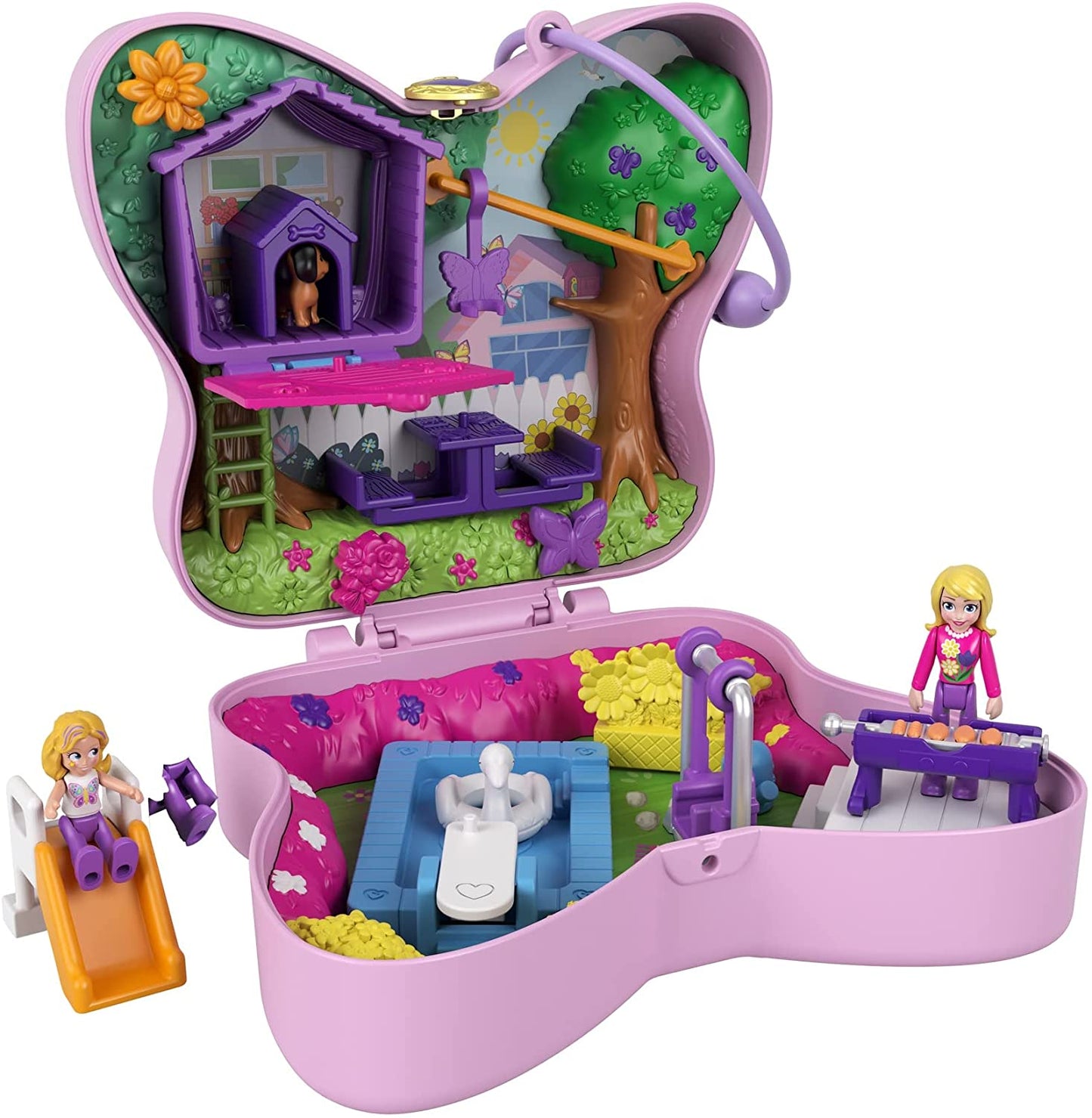 Polly Pocket Backyard Butterfly Compact, Outdoor Theme with Micro Polly Doll, Polly’s Mom Doll 5 Reveals & 13 Accessories, Pop & Swap Feature