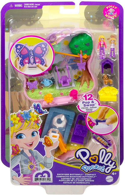 Polly Pocket Backyard Butterfly Compact, Outdoor Theme with Micro Polly Doll, Polly’s Mom Doll 5 Reveals & 13 Accessories, Pop & Swap Feature