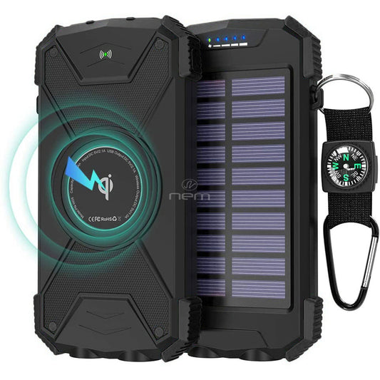 Portable Charger 10,000mAh External Battery Pack - Dual Super Bright Flashlight, Compass Carabiner, Solar Panel Charging (Black)