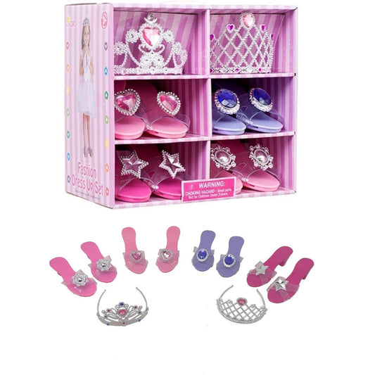 Girls Princess Dress Up Shoes and Jewelry Boutique, Princess Role Play Shoes Collection Set with 4 Pairs of Shoes and 2 Tiaras for Little Girl Aged 3+