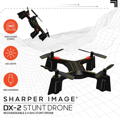 SHARPER IMAGE Stunt Drone, 2.4GHz RC DX-2 Stunt Drone, Mini Remote Controlled Quadcopter with Assisted Landing, Wireless and Rechargeable