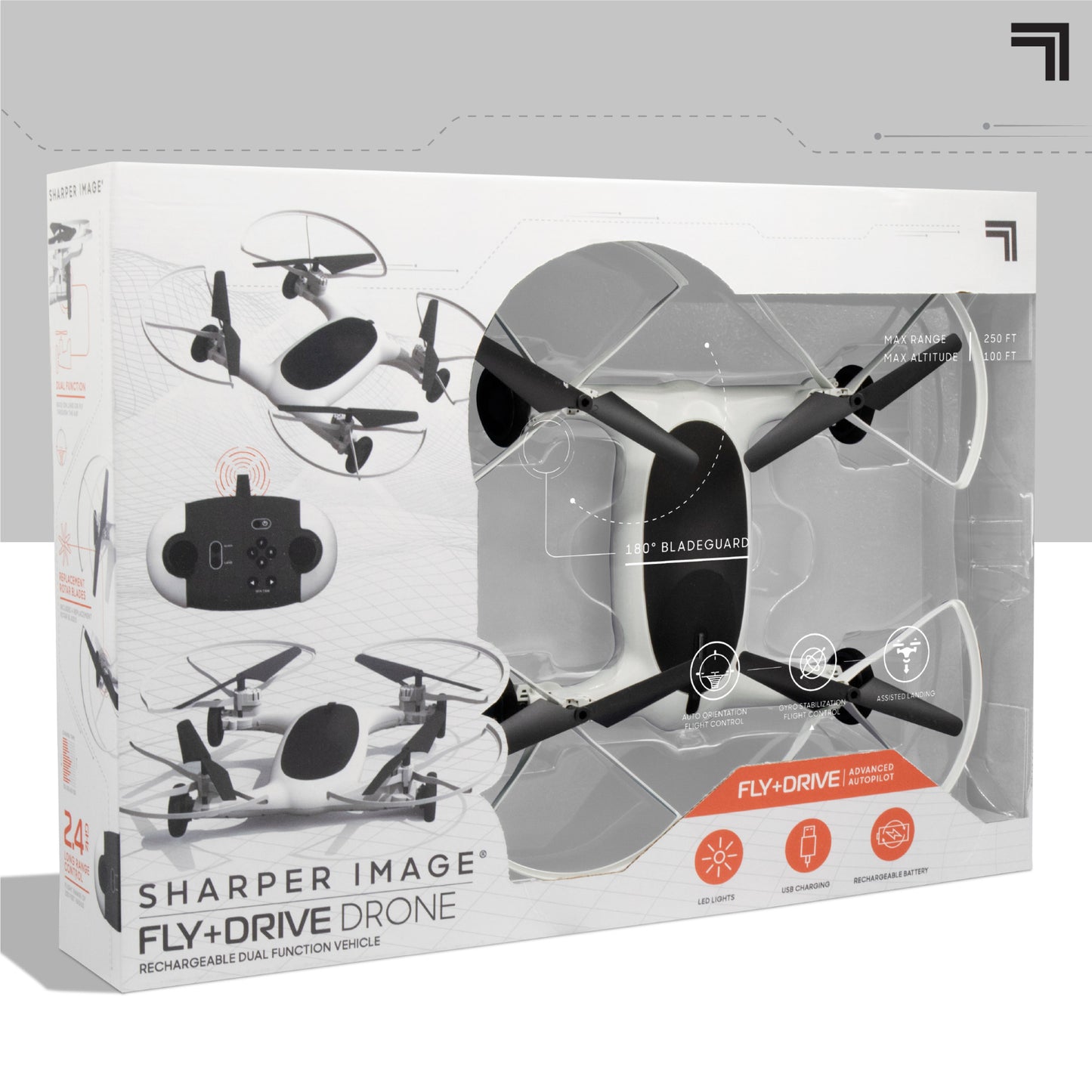 Sharper Image Drone, 7" Rechargeable, Flying Car on Land and in the Sky, Remote Control, Led Lights, Best Drone for Beginners/ Kids.