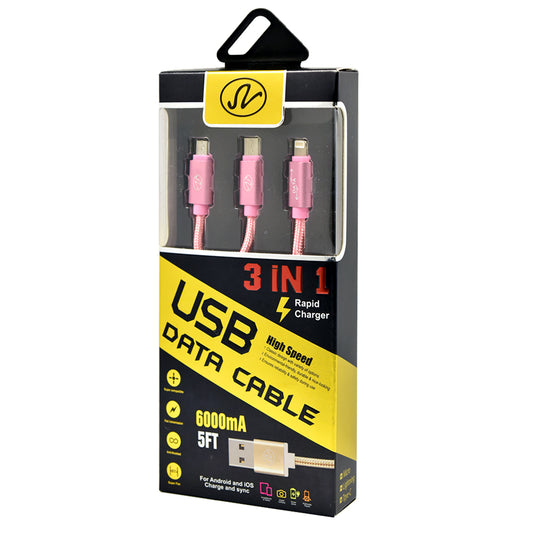 Universal 3 in 1 USB Braided Round Charging and Data Cable 5Ft (Pink or Black)