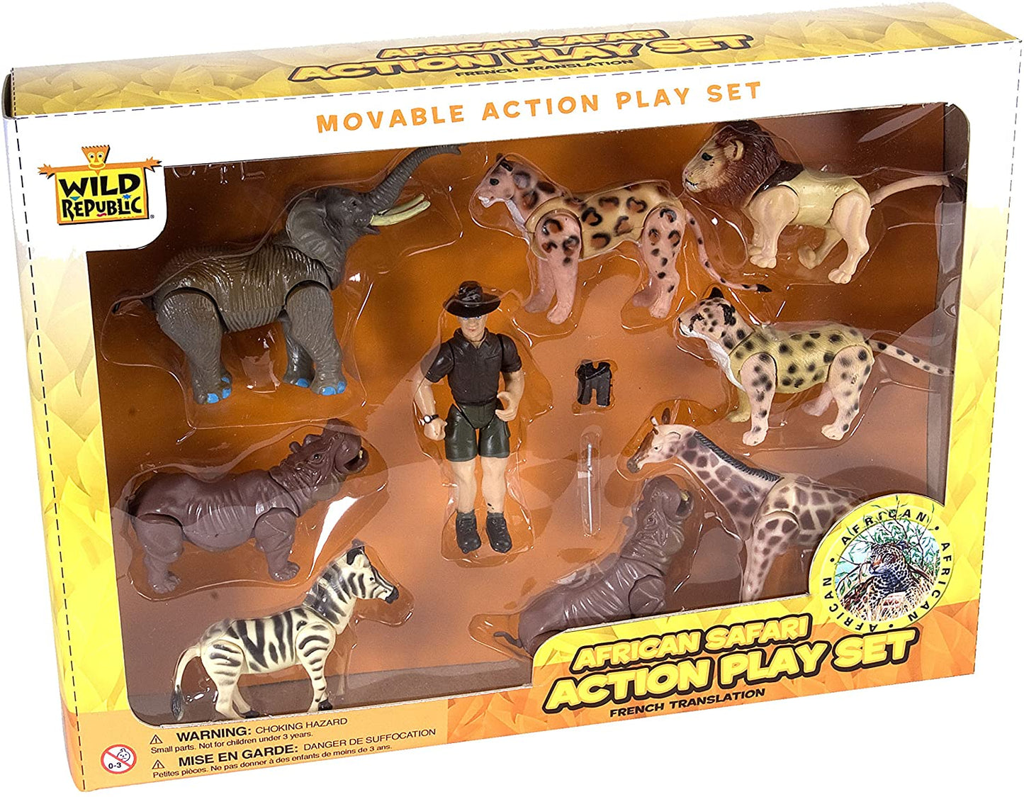 Wild Republic Movable Set Safari, Elephant, Rhinoceros, Zebra, Leopard, Lion, Cheetah, Giraffe, Hippopotamus, Game Warden, Binoculars, Machete