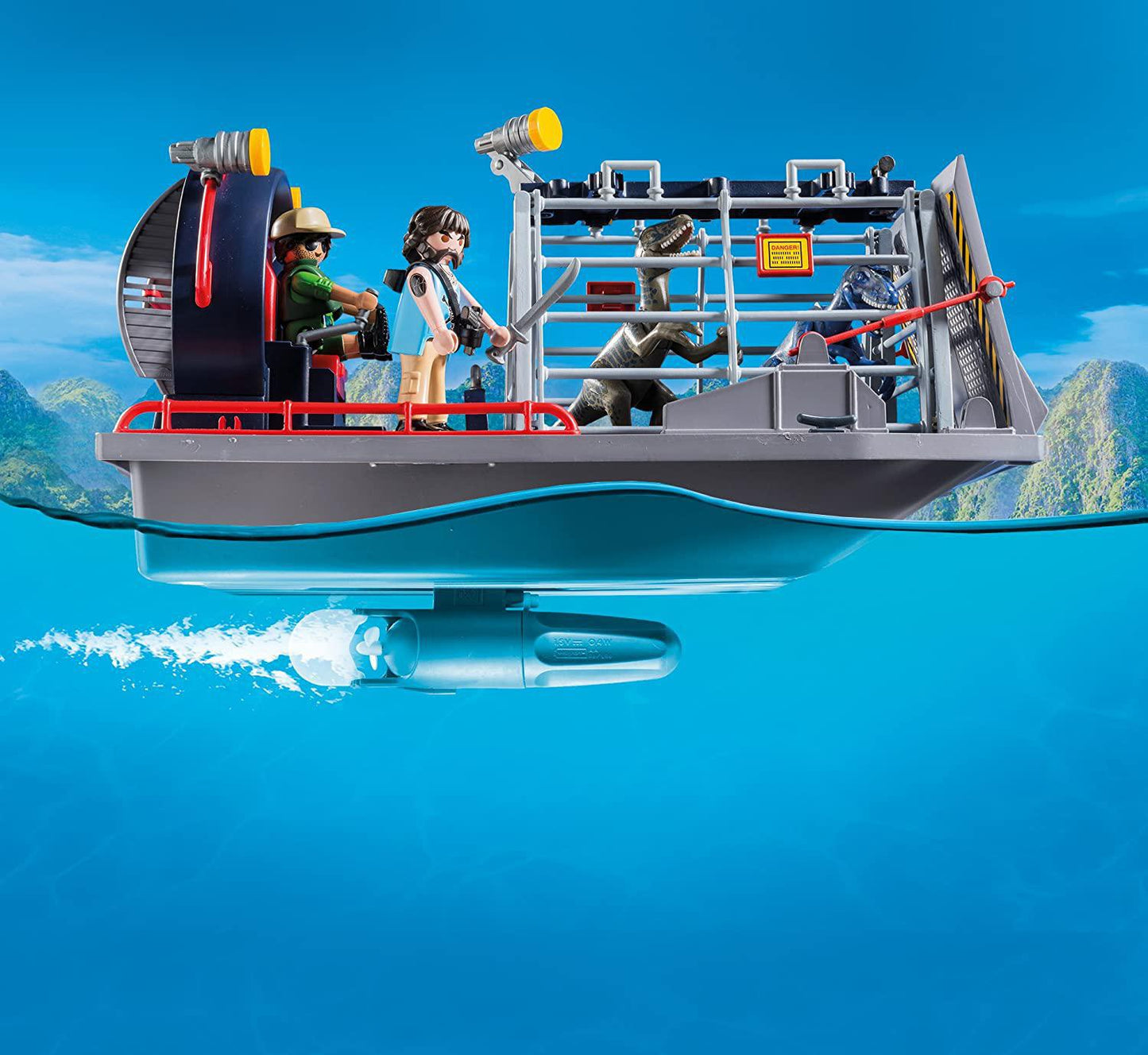 PLAYMOBIL Enemy Airboat with Raptor Building Set - Includes Two Figures, Two Dinosaurs, Removable Cage, Grappling Hook, Gas can