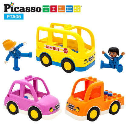 PicassoTiles Magnetic 5 Piece Vehicle and Action Figure Set Including School Bus, Car, Truck, and 2 Drivers Magnet Kit Pretend Playset