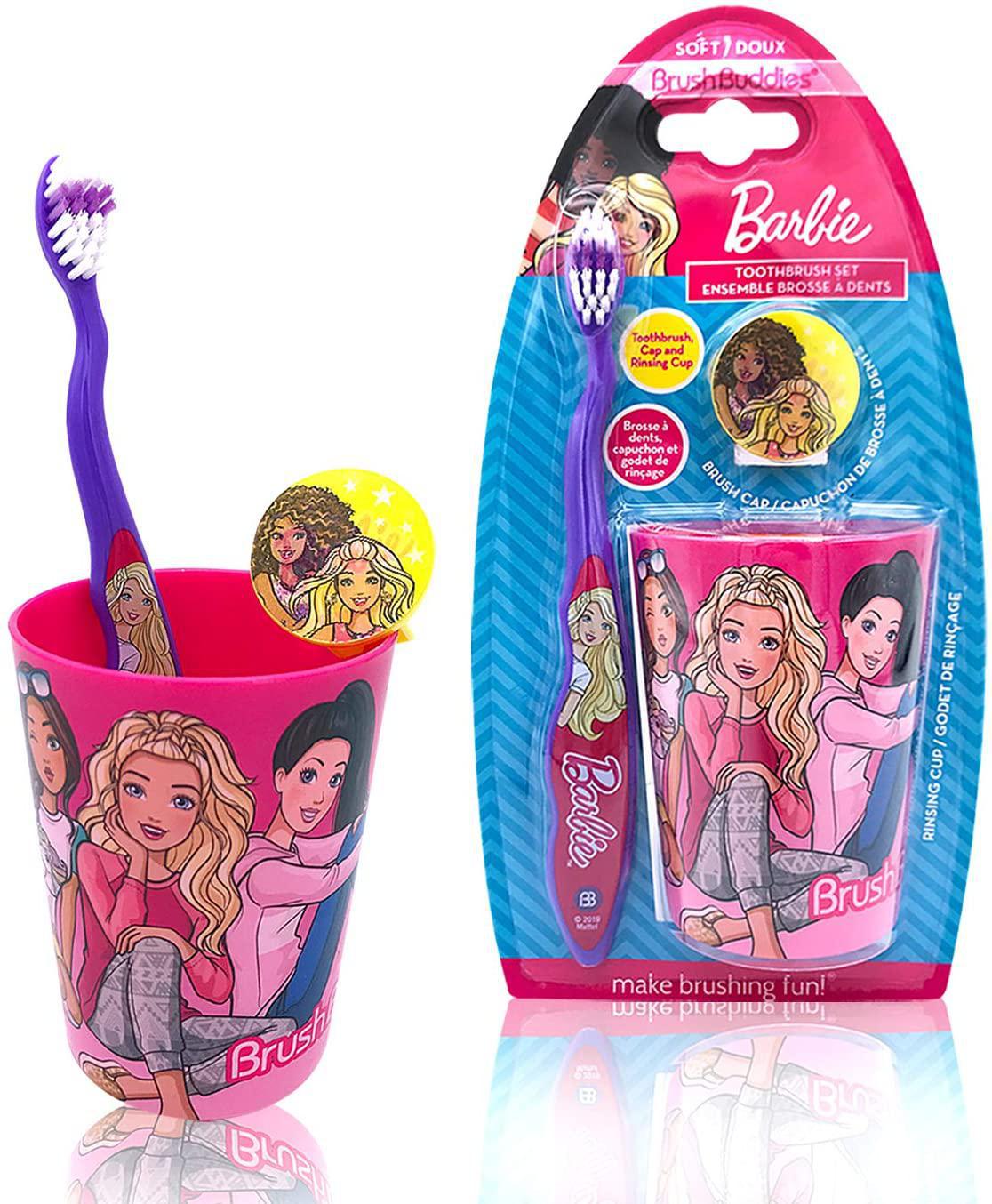 Barbie Premium Kids Soft Bristle Toothbrush Kit - Manual Toothbrush, Cover Cap, Rinsing Cup - Perfect Gifts for Girls