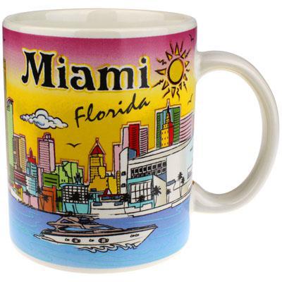 Miami Skyline With Boat Florida Mug - Yellow Hand Painted, Florida Coffee Mugs, Miami Souvenirs, Florida Souvenirs, 11 Oz