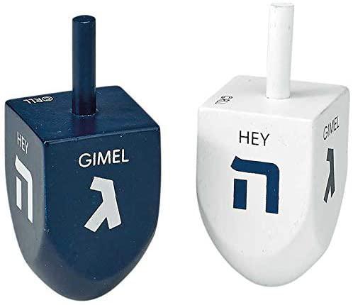 Chanukah Set of 2 Large Blue and White Painted Wood Dreidels