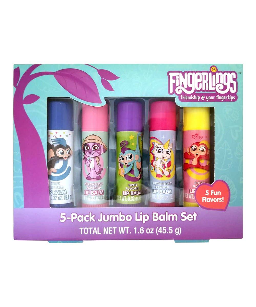 Fingerlings 5 Pack Jumbo Lip Balm Set Moisturizing Fun Cherry, Cotton , Grape, Strawberry and Berry Flavors