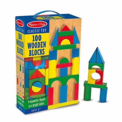 Melissa & Doug Wooden Building Blocks Set - 100 Blocks in 4 Colors and 9 Shapes