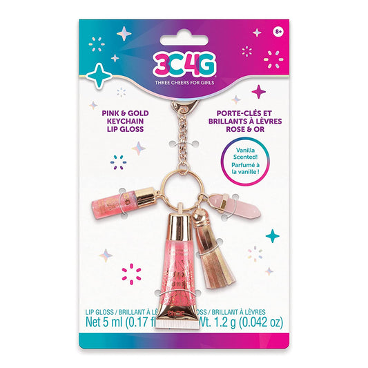 Three Cheers for Girls - Pink and Gold Keychain Lip Gloss - Lip Gloss Keychain for Girls with Two Pink Tinted, Vanilla Flavored Glosses